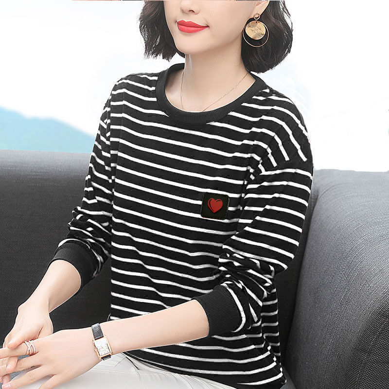 Black And White Stripe [Good Quality & No Pilling]contain Cotton T-shirt female Long sleeve 2021 spring and autumn new pattern Age reduction middle age mom Big size stripe easy ma'am jacket tide