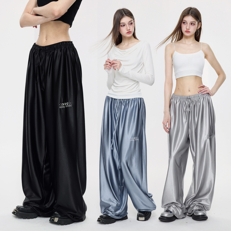 Nova Street Satin Drape Wide-Leg Pants Metallic Silver Relaxed Loose Hip-Hop Jazz Casual Pants for Women