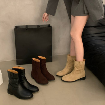 Genuine leather round toe chunky heel suede short boots