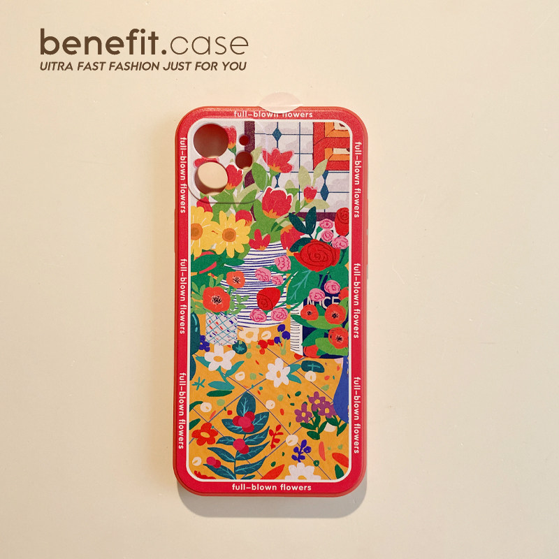 Benefit Retro Oil Painting Flowers in Apple 13 promax mobile phone case iPhone 12mini soft shell 14 promax suite 11 xsm