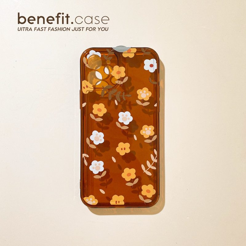 Benefit transparent tea brown applicable apple 13promax mobile phone protection shell iphone12mini protective sheath xsmax small crushed flower xr brief about 8plu