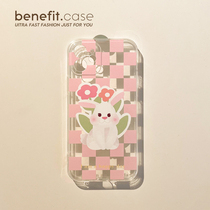Benefit Cute Pink Chessboard Rabbit applies Apple 13promax transparent mobile phone shell iphone12mini protective sleeve xsmax Japan-ROK xr female