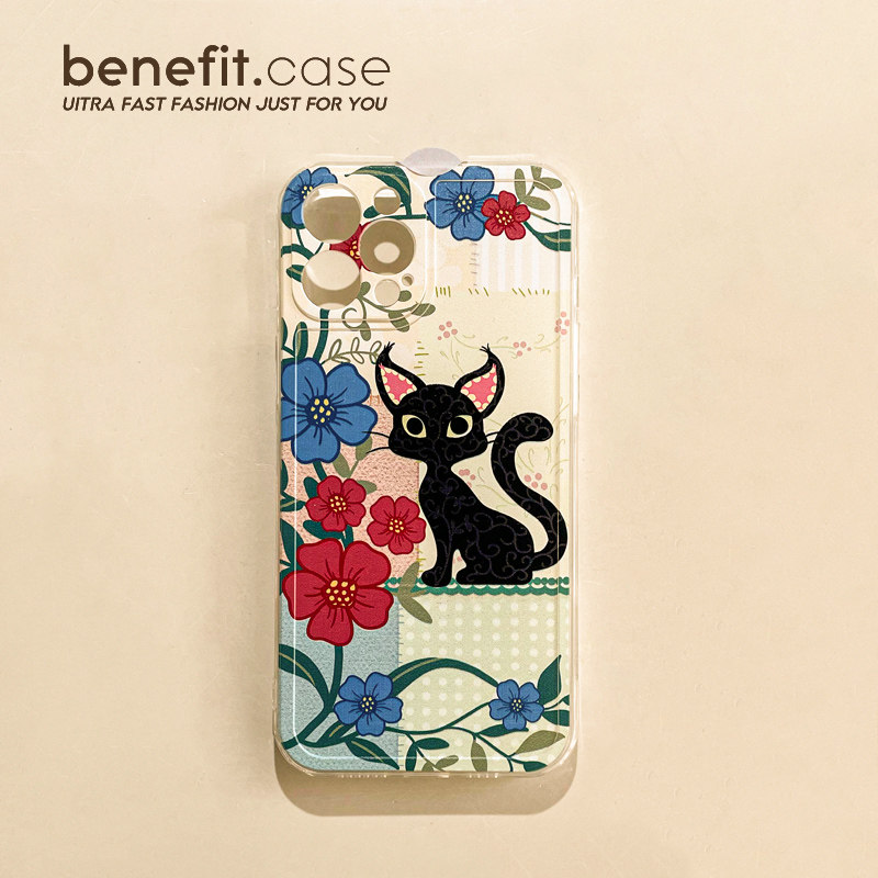 Benefit Japan-ROK Wind Fields Garden Kittens Apply Apple 13promax Mobile Phone Protection Shell iphone12 Transparent Mini Silicone Xsmax Splicing Xr Flowers
