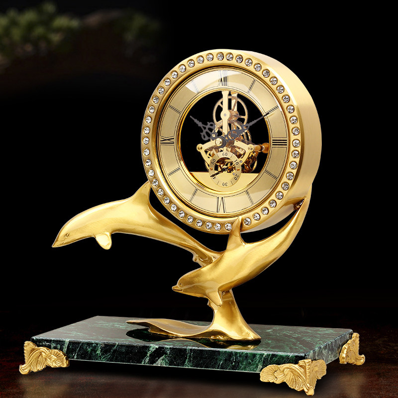 European Brass Dolphin Clock Modern Living Room Home Entrance Table Clock Light Luxury Fashion Brass Soft Decoration Ornament