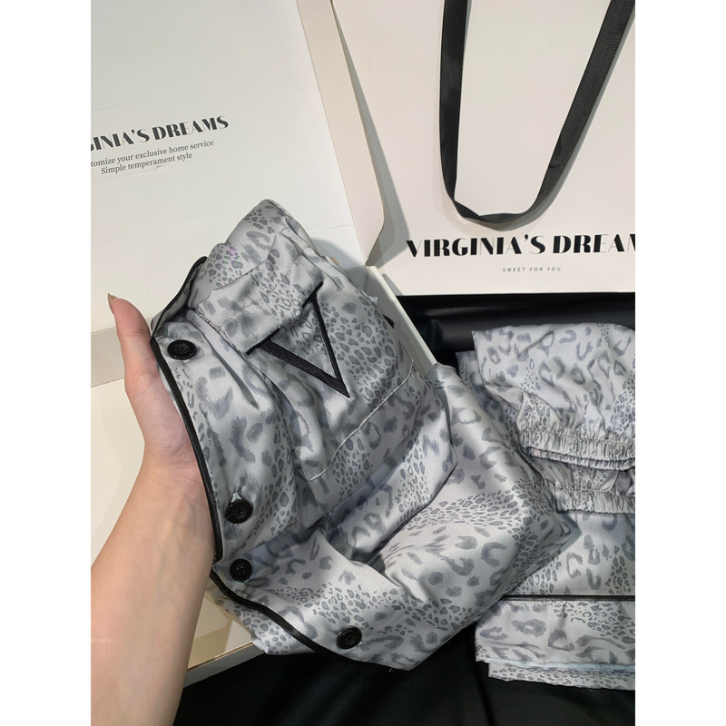 2026 New Style Ice Silk Satin Leopard Print Couple's Pajamas for Women, Summer Thin Short-Sleeve Shorts, High-End Satin Loungewear
