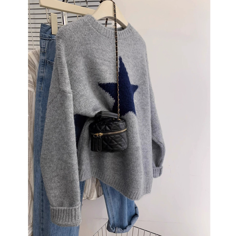 Extra Large Size 150kg Niche Design Five-Pointed Star Jacquard Pullover Sweater Knitwear Women's Oversize Top Winter Extra Large Size 150kg Niche Design Five-Pointed Star Jacquard Pullover Sweater Knitwear Women's Oversize Top Winter