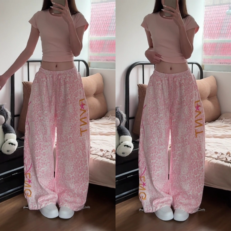 American Retro Pink Leopard Print Wide-Leg Pants for Women, Loose and Lazy Style Sports Casual Pants, Hiphop Jazz Dance Pants