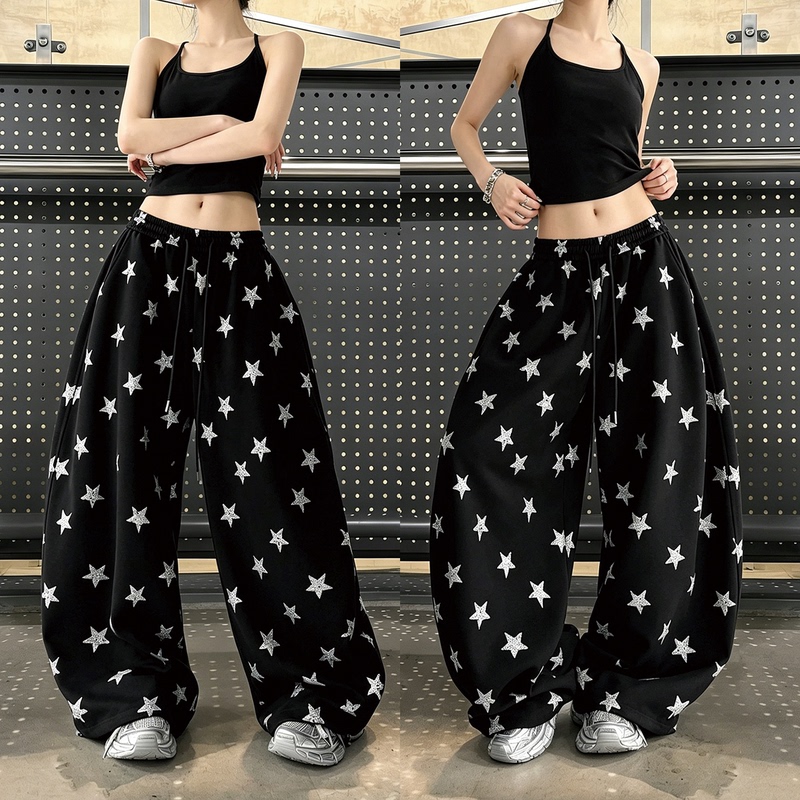 American High Street Style Black Star Print Wide-Leg Pants for Women, Summer Loose Casual Sports Pants with Elastic Waist, Versatile Long Pants
