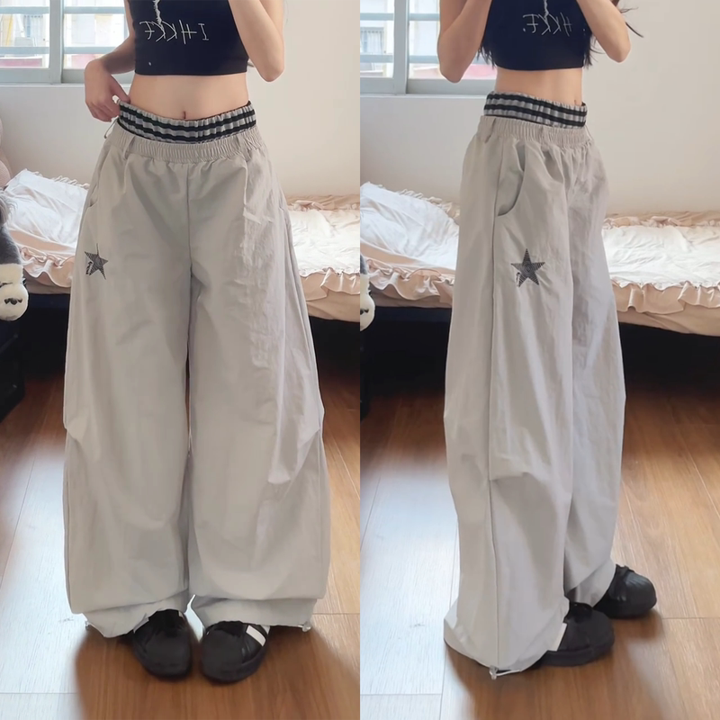 American Retro Striped Double-Waistband Scimitar Cargo Pants for Women, Summer Loose Jazz Dance Quick-Dry Wide-Leg Pants, Paratrooper Pants