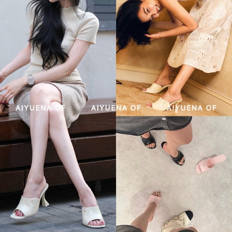 Aiyuena Top Version! 26C Banquet Spotlight Chanel-Style Slip-On Stiletto Peep-Toe Sandals Women's High Heels