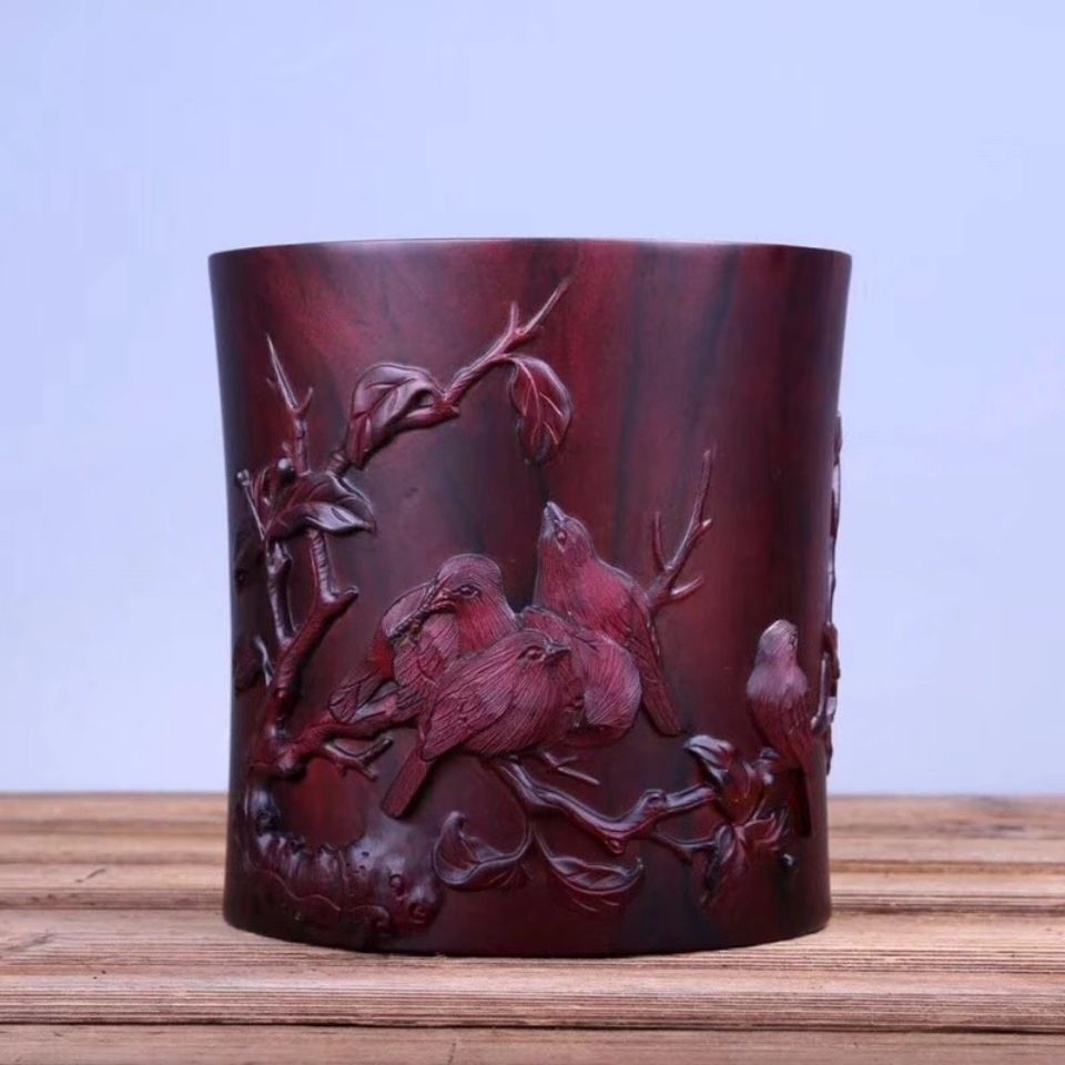 Rose red sandalwood cold bird figure solid wood mahogany pen holder high-end relief four treasures of the study table top gifts