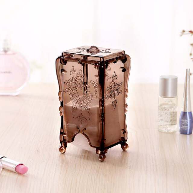 European retro makeup cotton storage box extraction vertical cotton box transparent plastic makeup remover cotton dust-proof cotton swab storage box