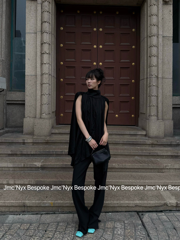 Jmc'Bespoke "Elite Old Money" Matte Black Satin High-Neck Ruched Loose Sleeveless Off-Shoulder Long Top