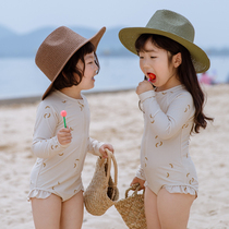 British next road girls summer one-piece long-sleeved swimsuit quick-drying baby beach sunscreen broken lace swimsuit