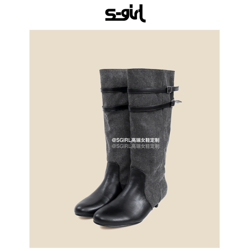 Sgirl Twtw Fashionable Color-Blocked Round-Toe High Boots for Women 2026 Autumn New Style Belt Buckle Slimming Stacked Boots