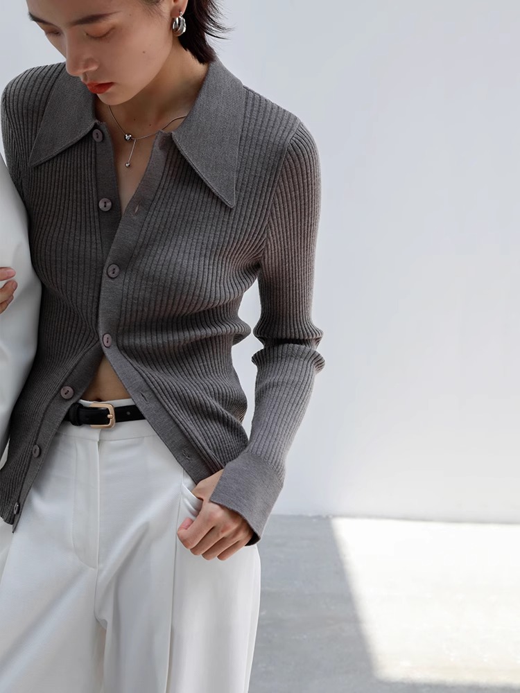 ポロカラースリムニットカーディガンレディース秋冬スリムフィットボトムスセーターハイエンド長袖ラペルトップ