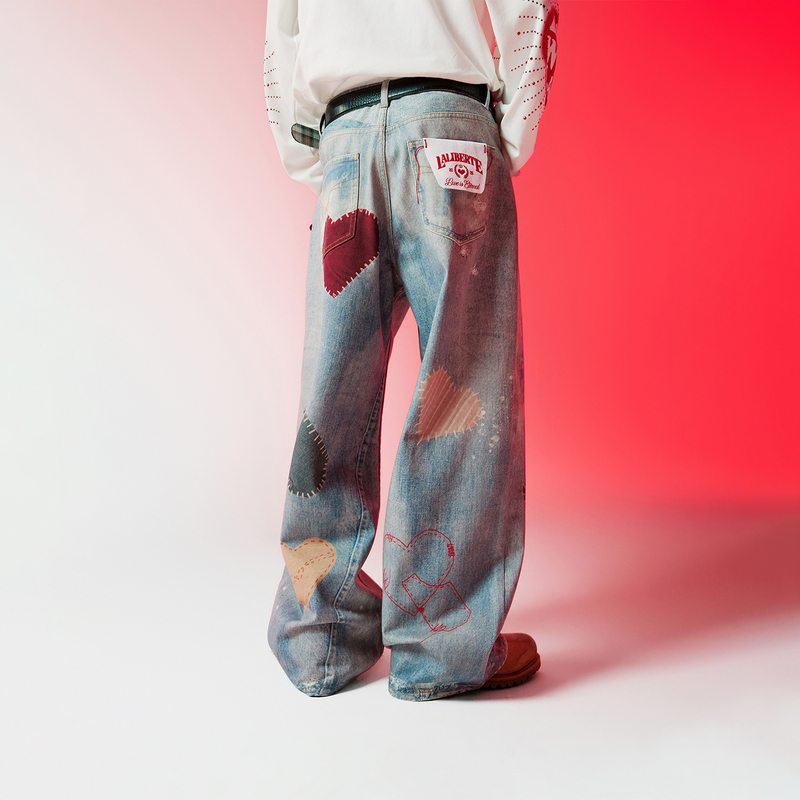 Labt Valentine's Day Series Heart Patch Cold Transfer Denim Pants American Retro Straight-Leg Pants Trendy Spring New Style