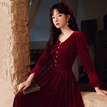 Burgundy toast bride 2021 New engagement dress wedding dress back dress women Summer velvet