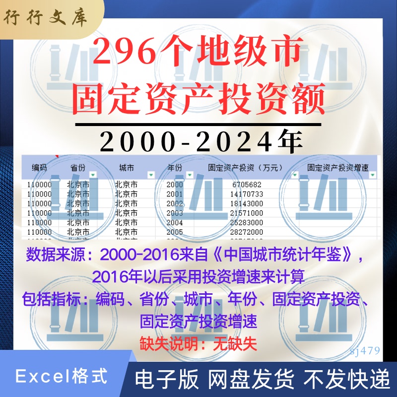 2000-2024 Data Statistics Table of Fixed Asset Investment Spending in 296 Prefecture-Level Cities in Excel