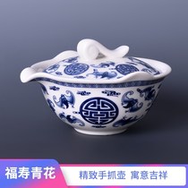 Chinese antique blue and white bat Wufushou Linmen non-hot hand grab pot cover bowl Single Kung Fu trumpet green tea maker