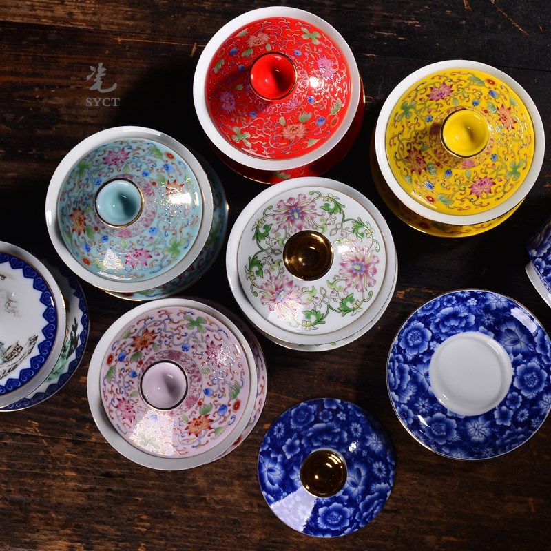 Cover Bowl Teacup large number Pinch Enamel Color Sketching Gold Ancient Fashion Show Three Talent Tea Ceramic 340ml Triple Gun Bench Cover Bowl