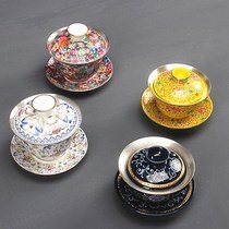 999 sterling silver Gaiwan Jingdezhen blue and white porcelain gilt silver tea bowl Handmade enamel color three-cai bowl Kung fu tea maker
