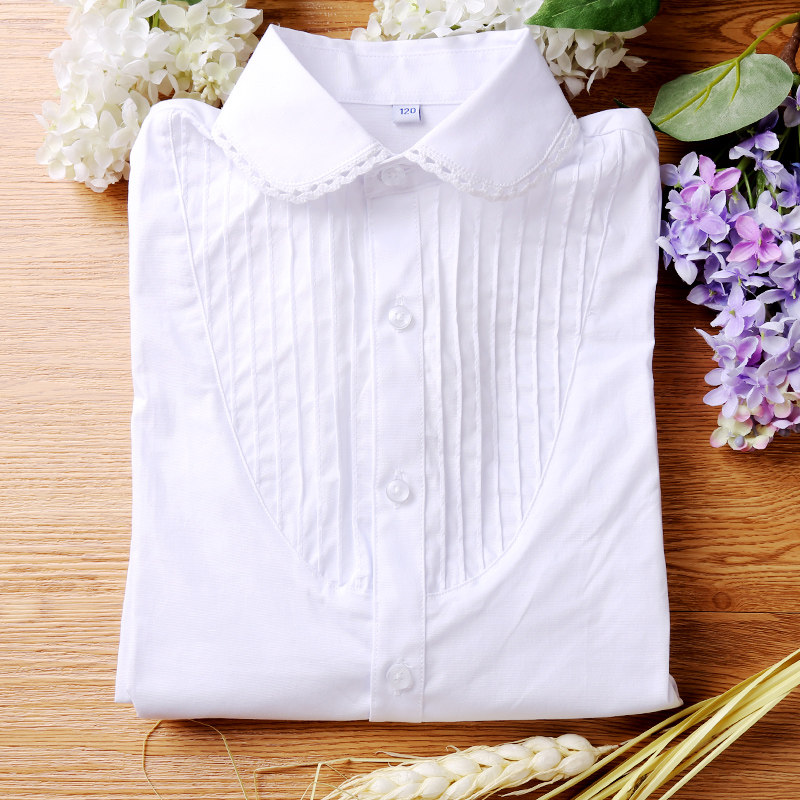 Girls white shirt student school uniform spring and autumn white cotton long-sleeved shirt primary school students college style children's hem
