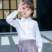 Girls White Shirt Spring and autumn pure white top Childrens cotton long-sleeved shirt Students school performance velvet shirt