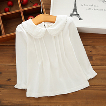 Baby spring and autumn girls baby white shirt high collar long sleeve doll lapel cotton base shirt 1234 years old children
