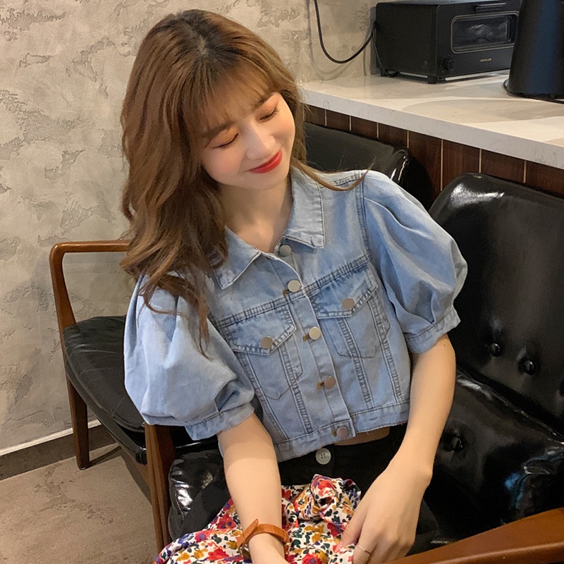 Thin Retro Korean Style Loose Personality Puff Sleeve Denim Short Jacket Denim Shirt Short Sleeve Top Women's Fashion Trend