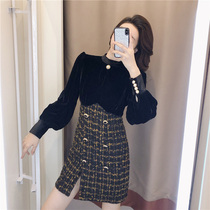 (Pet powder welfare) Hepburn style French long sleeve stitching black gold velvet dress 2021 new split skirt