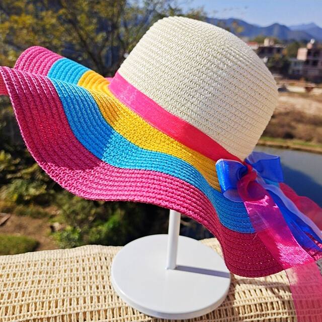 Straw hat women's summer sun protection hat beach hat seaside casual vacation fashion sun hat folding big edge rainbow hat