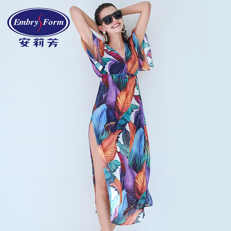Anlifang New Ins Wind Printed Long Beach Dress Lady Sunscreen Hood Beach Dress EH00003-Taobao
