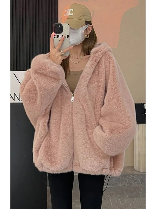 Plus-Size Women's Extra-Large Size 150kg Autumn and Winter Thickened Warm Long-Sleeve Hooded Zip-Up Jacket, Furry Coat, Cotton-Padded Jacket 2