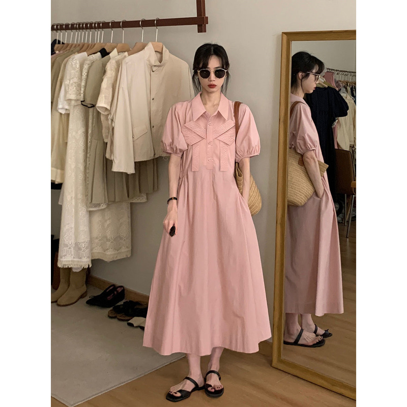 Extra Large Size 150kg Plus-Size French-Style Pink Dress for Women, Summer High-End Puff Sleeve Elegant Long Dress That Covers the Body 2