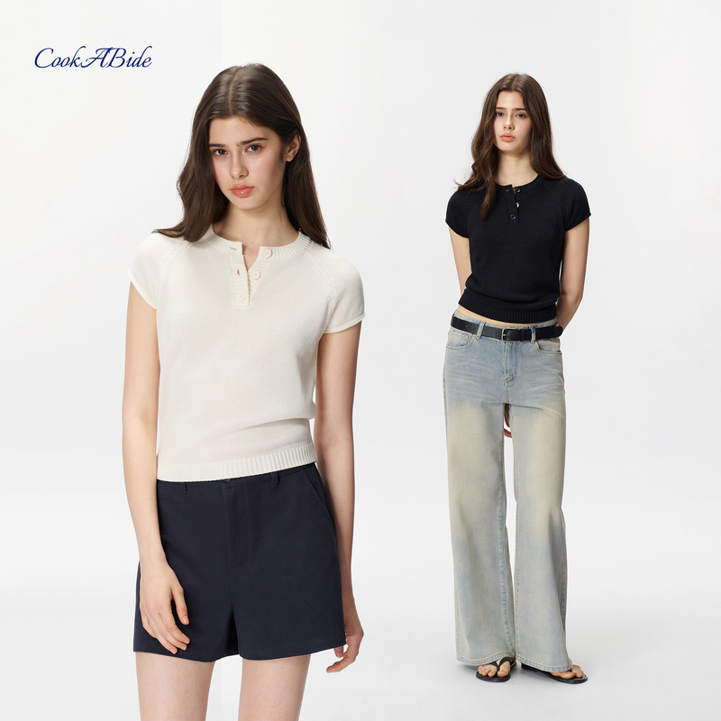 Cookabide 100% Lyocell Henry Collar Half-Button Knit Short-Sleeve Top Cookabide 100% Lyocell Henry Collar Half-Button Knit Short-Sleeve Top