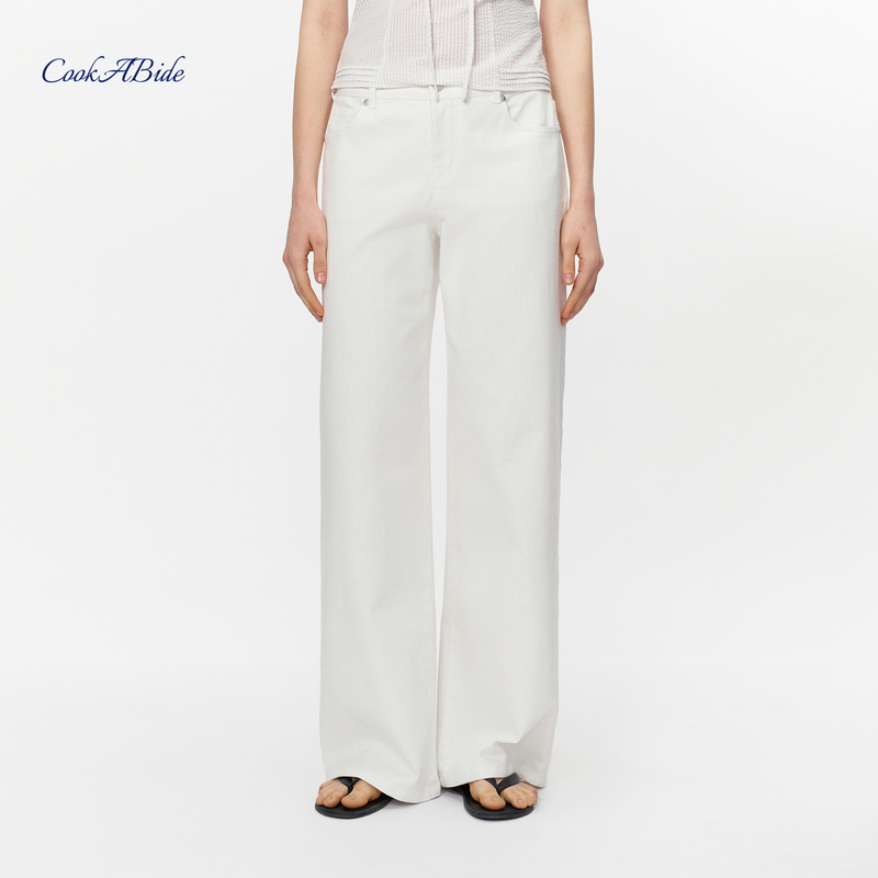 Cookabide Mid-Low Waist Straight Wide-Leg Stretch White Jeans