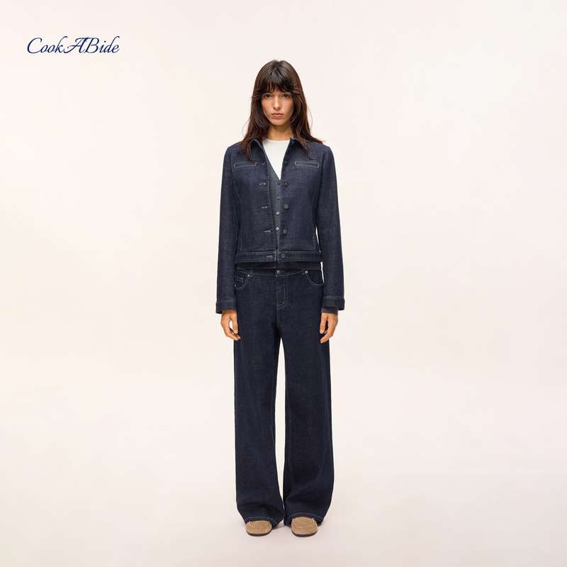 Cookabide Retro Washed Contrast Stitching Original Color Denim Jacket Straight-Leg Wide-Leg Jeans Set Cookabide Retro Washed Contrast Stitching Original Color Denim Jacket Straight-Leg Wide-Leg Jeans Set