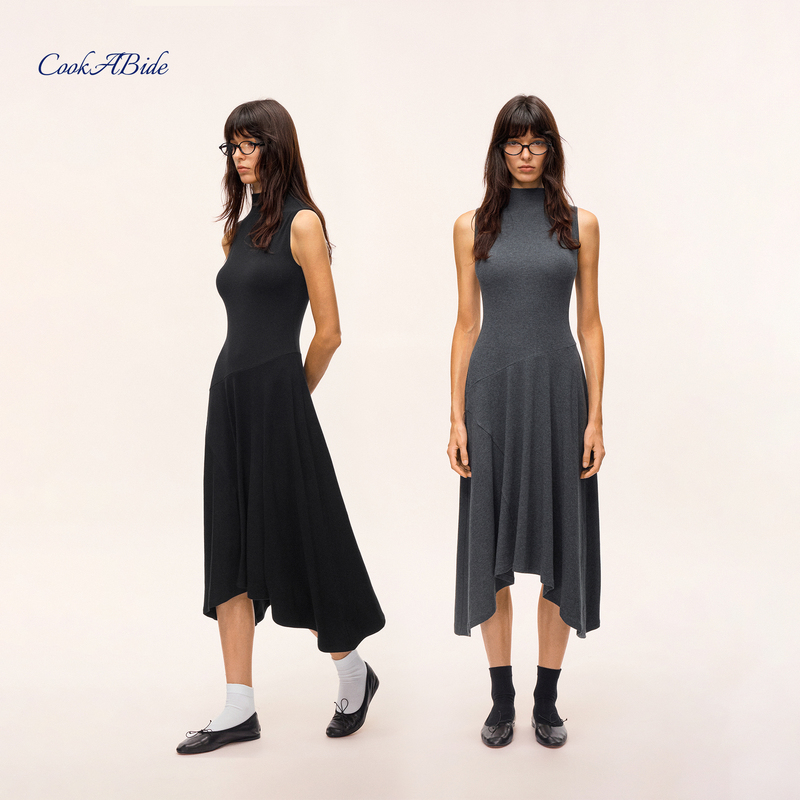 Cookabide Half-High Collar Sleeveless Stretchy Slim Fit Asymmetrical Hem Long Dress Cookabide Half-High Collar Sleeveless Stretchy Slim Fit Asymmetrical Hem Long Dress