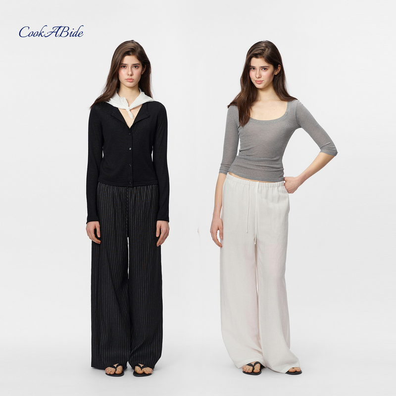 Cookabide Elastic Waist Drapey Linen Loose Wide-Leg Pants