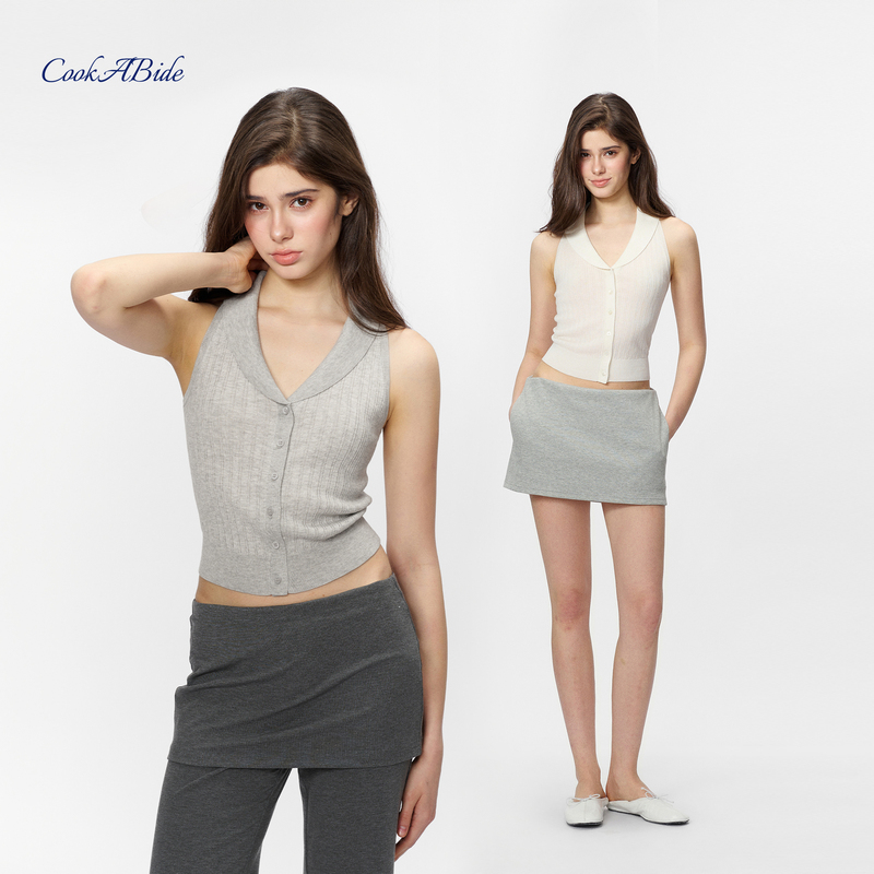 Cookabide Lyocell Wool Doll Collar Ribbed Slim-Fit Short Knit Vest Cookabide Lyocell Wool Doll Collar Ribbed Slim-Fit Short Knit Vest
