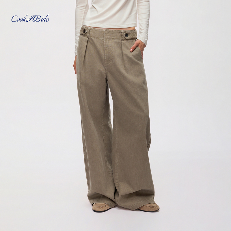 Cookabide Gray-Brown Mid-Waist Pleated Wide-Leg Cargo Pants Cookabide Gray-Brown Mid-Waist Pleated Wide-Leg Cargo Pants