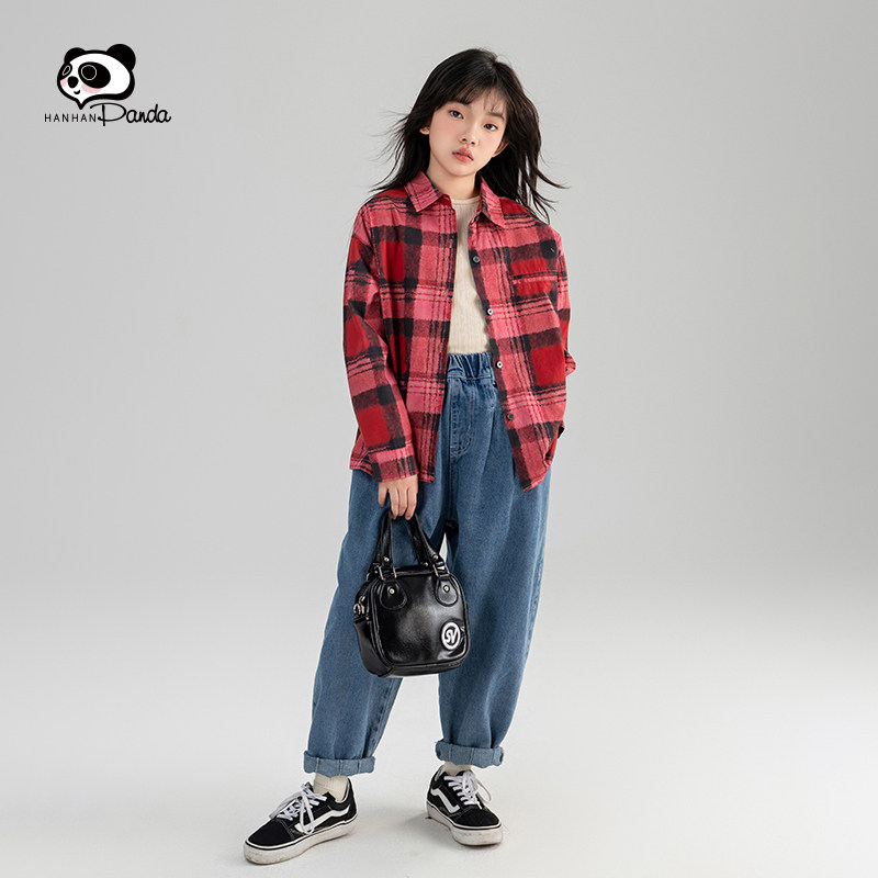 Girls shirts 2023 new large children fall long sleeves small shirts foreign air trendy autumn clothes children's spring and autumn checkered shirt-Taobao