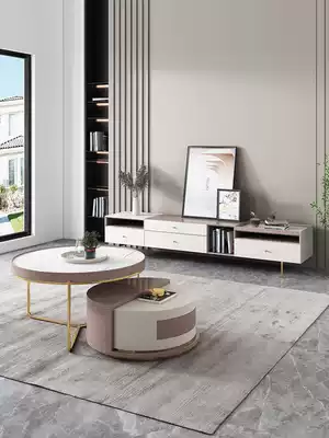 Rock plate coffee table TV cabinet combination round small apartment Nordic marble coffee table table living room household simple and modern