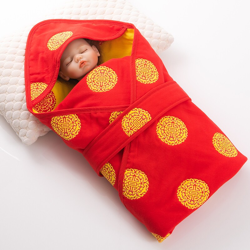 Baby hugging quilt pure cotton four seasons thickened newborn newborn out red festive swaddle full moon Baifu quilt
