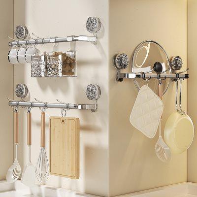 Suction cup kitchen storage rack wall-mounted spatula rack onion, ginger and garlic storage box without hole punching kitchen utensil storage hook hanging rod