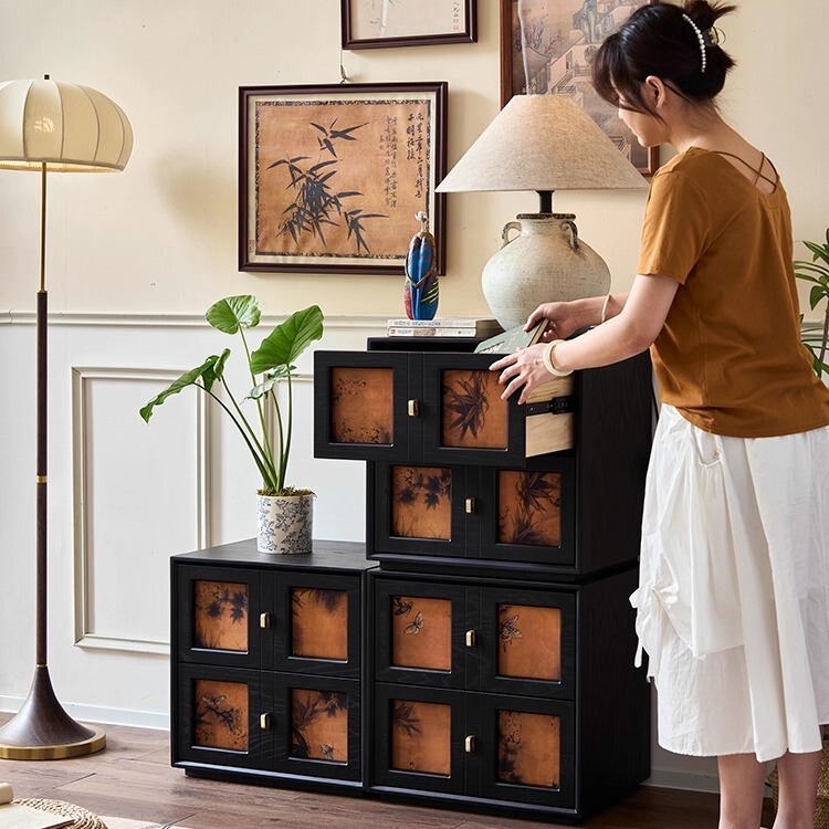 Medieval-Style Solid Wood Chest of Drawers, Xiangyunsha Card Door Cabinet, Living Room Tv Cabinet, Wall-Mounted Storage Cabinet, Bedroom Bedside Table, Side Cabinet