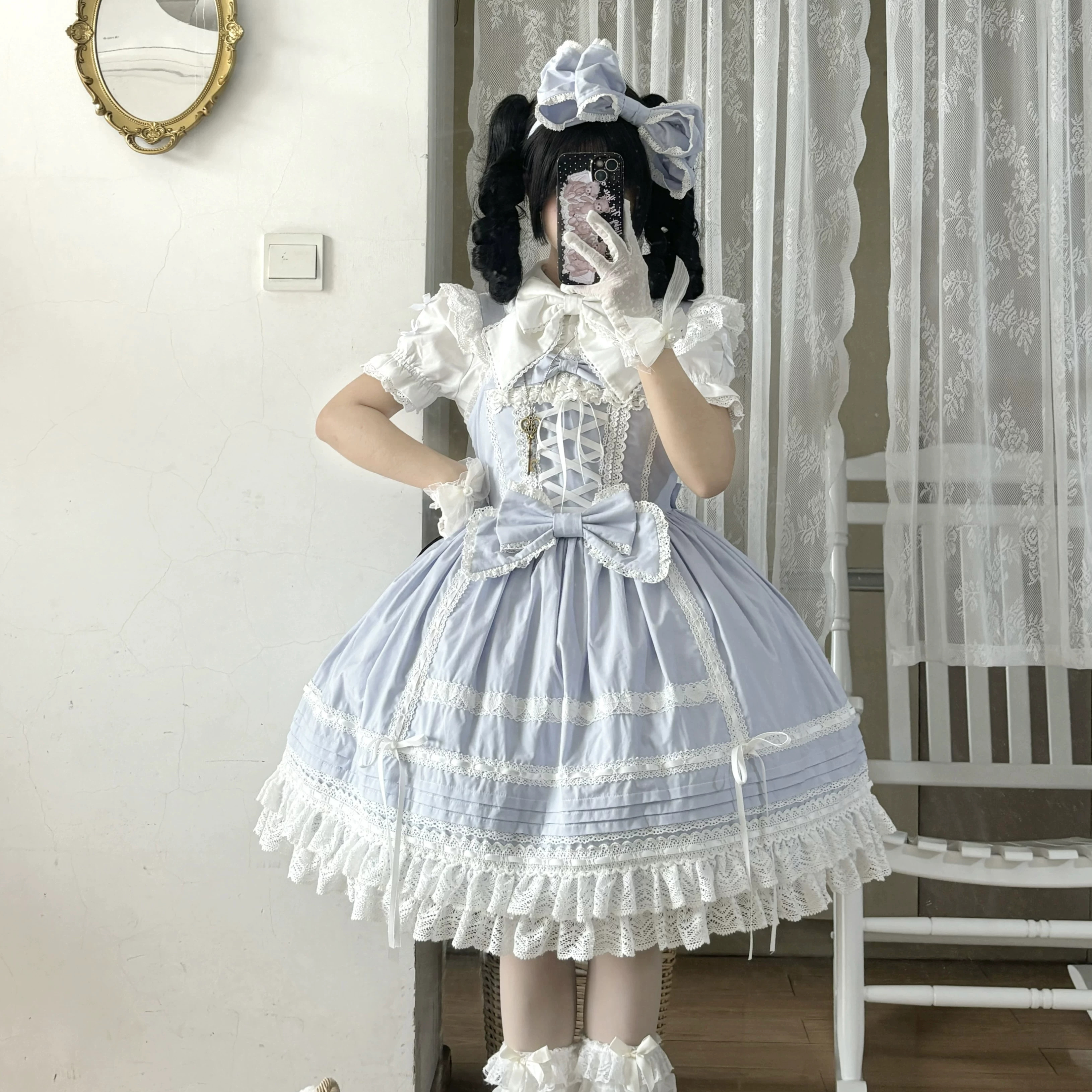 Платье Lolita JSK, оригинальный дизайн, бант и кружево, ободок в комплекте — размеры S–XL, фуксия/синий