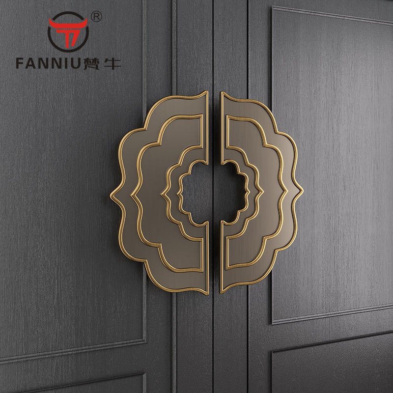 New Chinese-style half-circle handle hotel double switch glass door antique copper handle box sliding wooden door surface mounted push handle