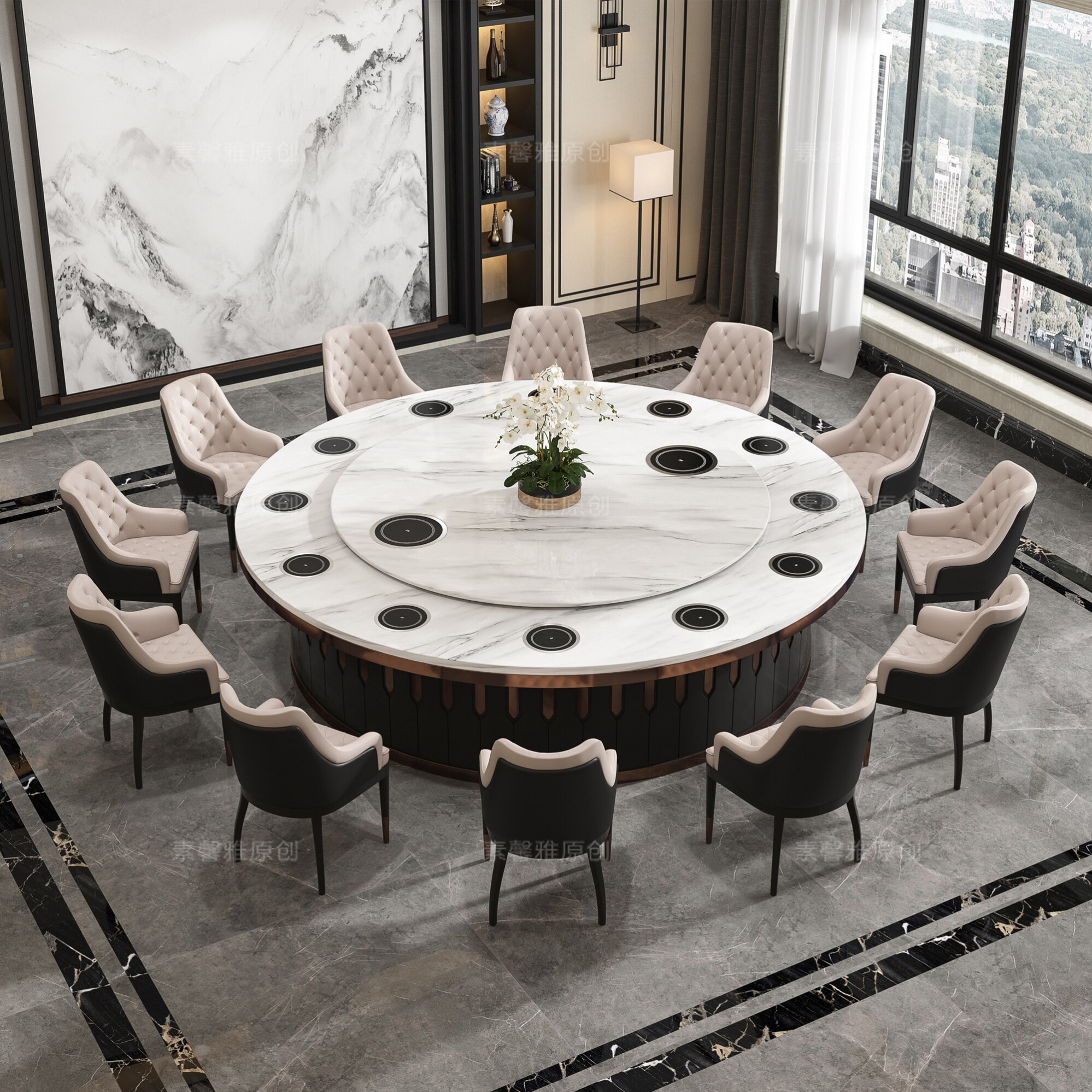 Electric big round table dining table and chairs combination imitated marble folk hotpot table round 15 people 20 people hotel modern